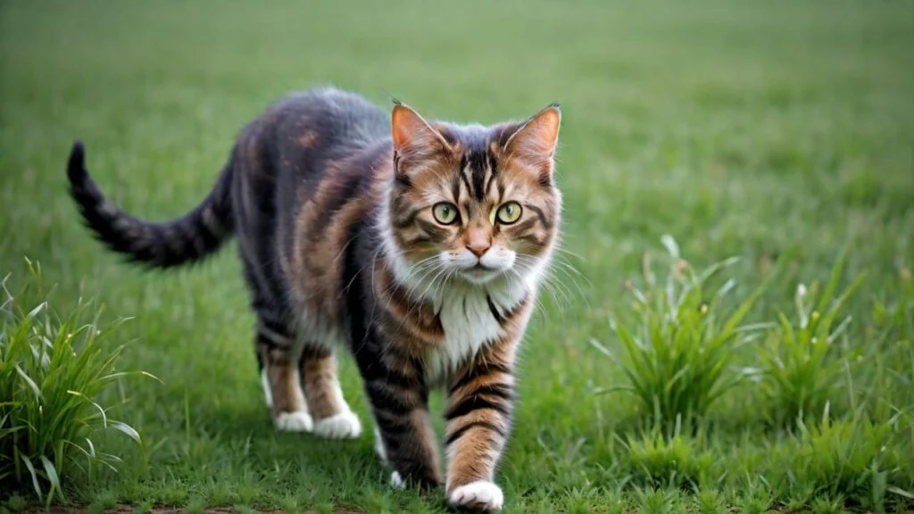 Un chat qui marche dans l'herbe